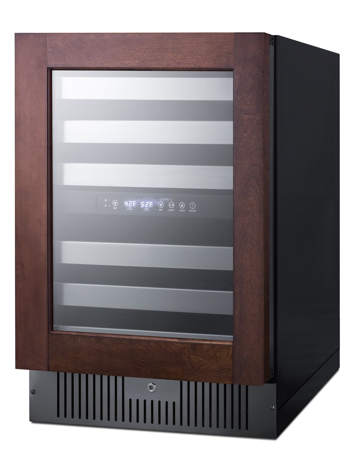 Dual zone built-in wine cellar designed for the display and refrigeration of beverages, with digital thermostat, panel-ready glass door, and black cabinet
